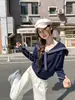 Impresionante suéter de punto de manga larga con cuello de chal azul marino para principios de otoño para mujer, holgado y casual, adecuado como top de capa base