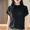 Moda Feminina Nova Primavera e Verão Suéter de Gola Alta com Manga Aviador Blusa Versátil Base de Lã Penteada Manga Curta
