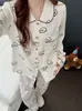 Pijama de Mujer Nuevo Estilo Algodón Nube Cuello de Muñeco, Manga Larga y Pantalones, Conjunto de Ropa de Casa Delgado Dulce con Estampado de Dibujos Animados, Venta al Por Mayor Transfronteriza