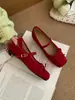 Primeiro Encontro Sapatilhas de Ballet Aumentadoras de Altura Veludadas Plissadas Sazonais com Bico Quadrado e Fecho de Fivela, Mary Janes Gentis e Fashion