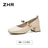 Sapatos Mary Jane Zhr Cor Vinho para Mulheres 2026 Verão Novo Estilo Francês Salto Médio Flor de Camélia Salto Grosso Boca Rasa Sapatos de Uma Sola