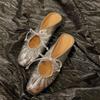 Pantuflas Únicas Plegadas de Punta Cerrada para Mujer, Nuevo Estilo 2025, Punta Redonda, Trasero Abierto, Lazo, Tacón de Cuña, Pantuflas de Piel Genuina