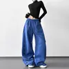 Calça Jogger Azul Super Moderna Inverno 2025 Novo Estilo Forrada com Fleece Preguiçosa Bordada Única Estilo de Rua Larga Casual