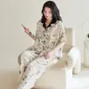 Pijama de Algodão Puro Manga Curta Calça Longa Feminino 100% Algodão Manga Curta Calça Longa Cardigã Lapela Transmissão ao Vivo Tamanho Grande Roupa de Casa Feminina