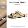 Sandálias de Couro Respirável com Duas Tiras de 3cm para Mulheres, Sandálias de Meio Passo Estilo Birkenstock com Solado Grosso para Uso Externo no Verão, Exportação Transfronteiriça