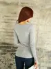 Camiseta de Manga Larga de Color Sólido con Botones y Canalé para Primavera y Otoño para Mujer, Ajustada Estilo Coreano Nuevo Top, Camiseta Básica, Ropa de Abrigo, Cuello en V de Moda