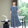 Vestido de Algodão e Seda da Mamãe, Verão Manga Curta Elegante de Alta Qualidade Vestido de Viscose de Comércio Exterior com Bolsos para Mulheres de Meia-Idade e Idosas