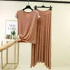 Conjunto de top casual feminino de duas peças para o verão, novo, com decote em V, manga curta e saia longa de cintura alta com cordão, em modal