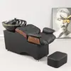 Cama de champú semi-reclinable de color personalizado para salón con lavabo de cerámica engrosado, cama de champú para venta al por mayor transfronteriza con reposapiés