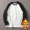 Camiseta base de doble cara exclusiva transfronteriza de terciopelo alemán para hombre, ropa interior de otoño e invierno, cuello redondo, forrada de forro polar, engrosada, cálida, mangas raglán, colores contrastantes, manga larga