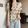 Tamanho grande estilo francês ombro design gola quadrada babados impresso camisa de chiffon top de manga curta das mulheres para meninas gordinhas