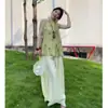 Roupas Femininas Estilo Chinês Novo Estilo Chinês Estilo Zen Cool Cheongsam Melhorado Top Calças de Perna Larga Terno de Duas Peças Verão