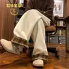 Pantalones de Chándal Gruesos con Forro Polar, Patchwork a Cuadros Retro Japonés para Mujer, Cálidos de Invierno, Sueltos, Pierna Ancha, Rectos, Casuales, Largos