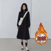 Vestido com forro de fleece Gola Polo Grossa Vestido Waffled Roupa de Inverno Feminina Cintura Apertada Emagrecedor Midi Manga Longa Saia