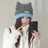 Gorro de Punto con Orejas de Gato y Bloques de Color Dulce y Lindo para Mujer Otoño Invierno Cálido Adelgazante Facial Sombrero de Lana Turbante Sombrero para Clima Frío
