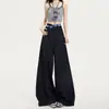 Pantalones de traje a cuadros con retazos de doble cintura azul marino para mujer, verano 2026, finos, estilo americano, holgados, con caída, de pierna ancha, casuales