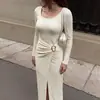 Comércio exterior europeu e americano Coleção nova TEMU 2026: Vestido bodycon de malha, gola quadrada, cor sólida, bainha com fenda, estilo minimalista europeu e americano, para mulheres