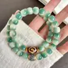 Pulsera de Raíz de Bodhi Verde con Patrones de Paisaje y Florales, Pulsera Apilable para Mujeres, Cuentas Budistas Chinas de Mano de Semillas de Bodhi para Jugar y Meditación