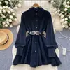Vestido de Mezclilla Asimétrico con Cordones en la Cintura para Mujer, Estilo Retro de Hong Kong, Nuevo, Elegante, de Alta Gama, Holgado, Efecto Adelgazante