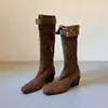 Botas Western Marrones con Tacón para Aumentar la Altura para Mujer 2026, Botas Holgadas de Tacón Grueso Estilo Wasteland, Botas de Caña Alta de Uso Bidireccional