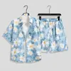 Traje de Camisa Floral de Manga Corta de Secado Rápido para Hombre de Verano Traje Hawaiano de Playa Traje Casual Holgado de Dos Piezas con Pantalones Tres Cuartos