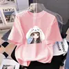 Camiseta de Manga Corta de Algodón Puro para Niñas Verano Nuevo Estilo Dibujos Animados Casual Versátil Top de Media Manga para Niños Medianos y Grandes