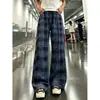 Calça casual xadrez azul marinho estilo americano transfronteiriça para homens, primavera e outono, elegante, respirável, perna reta, caimento solto, calça esportiva