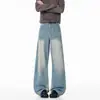 Calça jeans preta de perna larga para homens, estilo American high street, lavada e desgastada, estilosa e bonita, que valoriza a altura e emagrece, estilo vibe, calças compridas de corte solto