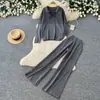 Conjunto de dos piezas para mujer: cárdigan de punto de manga larga con pajarita de estilo casual y pantalones de pierna ancha, atuendo elegante y adelgazante para otoño para ir al trabajo