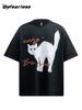 Camiseta de Manga Corta American Retro Fun Fried Cat Verano para Hombre y Mujer Moda Nacional Estilo Holgado Perezoso Pareja Top de Media Manga T