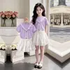 Chal de Bloques de Color y Rayas de Verano 2026 Manga Corta Moda Coreana Falda Corta Falda Dulce de Capas Conjunto de Dos Piezas Dopamina