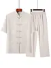 Traje Tang de seda gelada de manga curta fino para homens de meia-idade e idosos, roupa casual Tai Chi para pais, terno estilo chinês do vovô