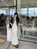 Vestido de Punto de Gama Alta y Elegante con Tirantes Falda Larga para Mujer con Corte Ajustado Crochetado Calado Falda Chaleco que se Adapta a la Cadera