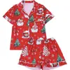 Estilo Europeo Elementos Navideños Cardigan de Pijama Solapa Manga Corta Pantalones Cortos Se Puede Usar Fuera de Casa Conjunto de Ropa para el Hogar Venta al por Mayor