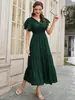 Elegante Vestido Acampanado con Mangas de Murciélago para Mujer, Vestido Casual de Color Sólido con Cuello en V, Otoño, Fábrica de Origen Transfronteriza