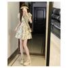 Vestido Floral Retro de Estilo Francés con Cuello en V para Mujer, Nuevo Estilo Veraniego Delicado, Vestido Corto con Volantes Pequeño que Ajusta la Cintura