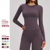 Top de Yoga com Gola Redonda e Manga Longa Costurada Mulher Toque Nude Secagem Rápida Slim Fit Cropped Camada Base Fitness Camiseta Esportiva de Manga Longa