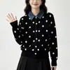 Suéter de malha estilo francês com poá, patchwork de jeans, gola polo, falso conjunto de duas peças, macio e jovial, novo casaco de outono e inverno