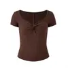 Design Retro Americano Gola V Sexy Aparência Afinando a Cintura Verão Camiseta de Manga Curta com Bojo Top Externo para Mulheres