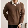 Camisa polo de hombre retro británica con bloques de color, suéter casual de manga larga para otoño e invierno, nuevo