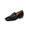 Zapatos de cuero para mujer con punta cuadrada hechos de piel de vaca de primera calidad, zapatos de tacón bajo, nuevo modelo de otoño e invierno, cuero genuino con hebilla de cinturón, tacón grueso, zapatos de tacón bajo de corte medio para mujer