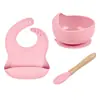 Vajilla para Bebé Tazón de Comida Babero de Silicona Cuchara de Madera Juego de Cena de Tres Piezas Set Especial Anticaídas para Bebé