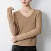 Suéter de punto de alta gama listo para usar para mujer, con cuello en V y manga larga, corte holgado, adecuado para primavera y otoño, top tipo camiseta base sin costuras