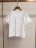 Camiseta de Manga Corta Blanca con Diseño Floral y Perlas, Nueva, Elegante y de Moda, Corte Holgado Adelgazante, Diseño Sencillo para Mujer