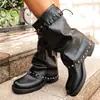 Botas de mujer con hebilla de remache negro, nuevo estilo otoño 2026, botas plisadas de plataforma, tacón grueso, botas cortas adelgazantes hasta la pantorrilla