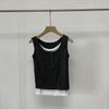 Regata Henley de Algodão Canelado de Verão com Botões, Falso Duas Peças Color Block, Slim Fit Versátil, Decote Redondo