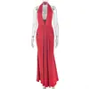 Estilo europeu e americano ins temperamento cor sólida roupas femininas acinturado sexy socialite vestido justo gola halter decote V profundo plissado vestido longo