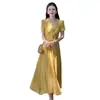 Vestido Saia Longa com Laço para Senhoras Estilo Verão 2025 Vestido Palavra uma Saia Afinando a Cintura Novo Estilo para Mulheres