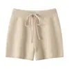 Shorts de tricô de caxemira com cintura elástica e cordão, espessos, de cinco agulhas, para mulheres, cor sólida, soltos, casuais, versáteis, calças retas de comprimento três quartos