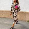 2026 Amazon Ebay Novo Vestido Longo de Primavera e Outono com Decote V Solto Mangas Bufantes Estampa de Leopardo Saia Longa
